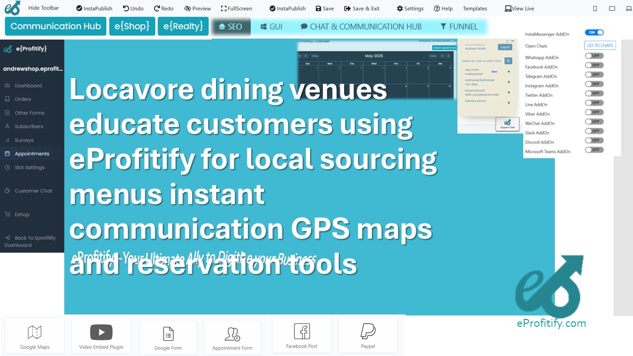 Locavore dining venues educate customers using eProfitify for local sourcing menus instant communication GPS maps and reservation tools